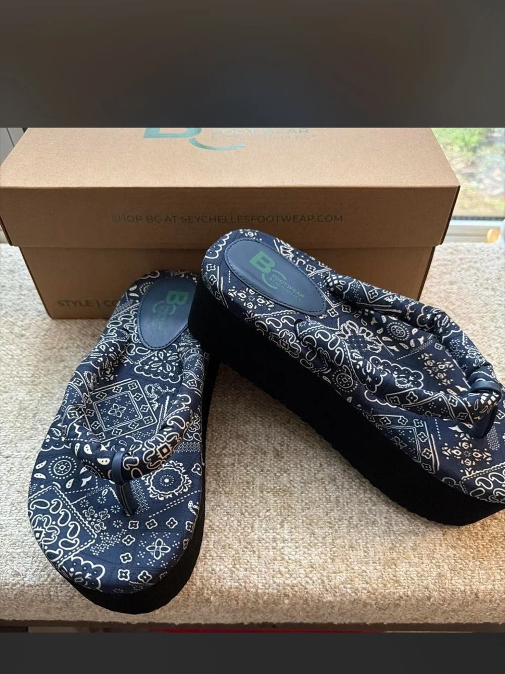 Seychelles Navy Bandana-Print Platform Flip Flops